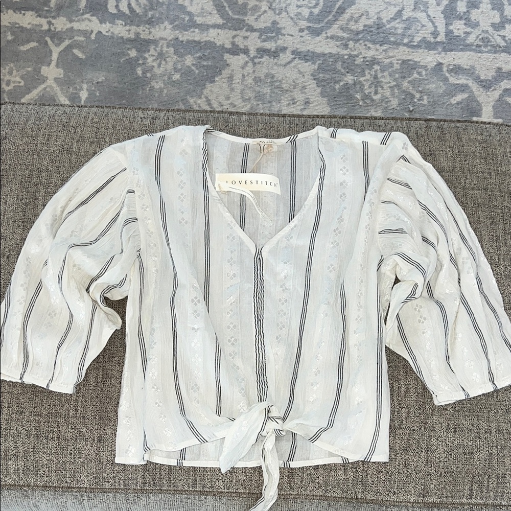 lovestitch White and Black Striped Tie-Front Peasant Top
